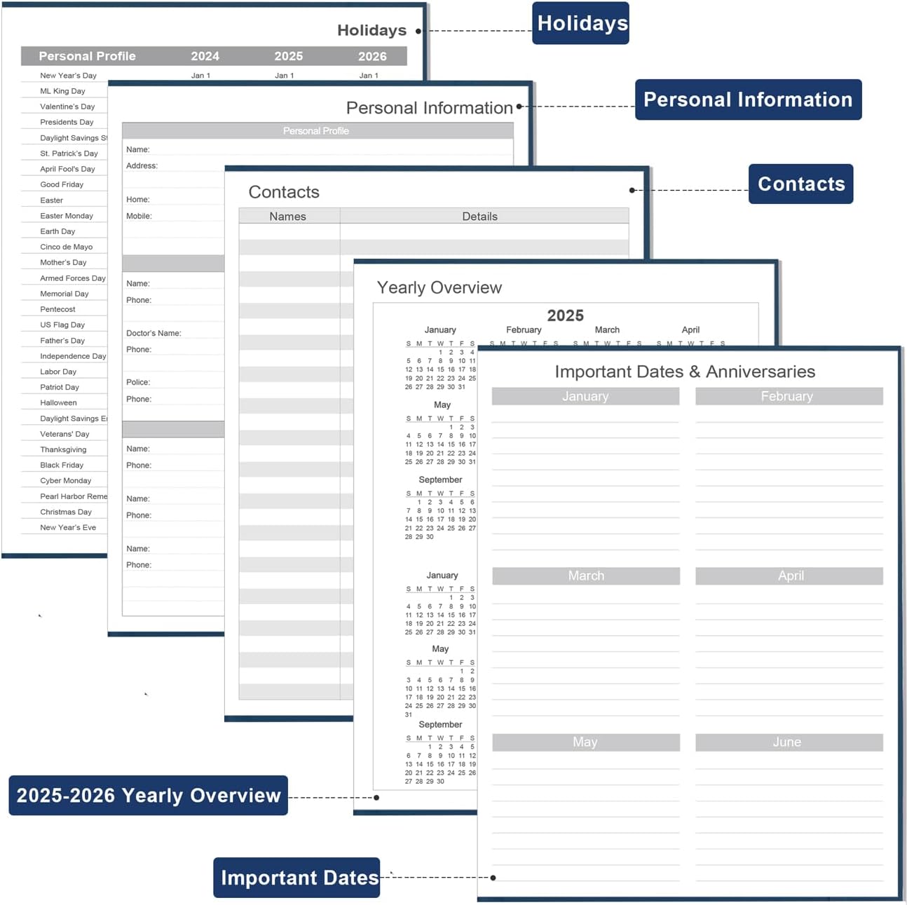 Daily & Monthly Planner for 2025 2026 or Anytime - ADHD Planner Two Pages Per Day, Daily Planner Undated to Increase Focus, Eliminate Overwhelm, Achieve Your Biggest Goals, 8.5'' × 11'', Blue