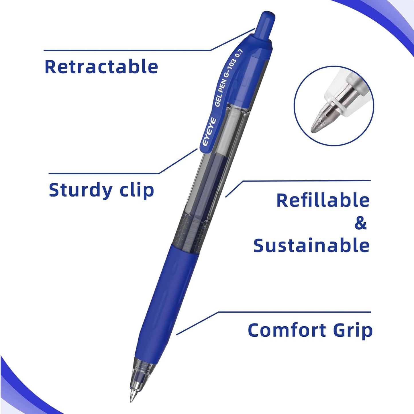 EYEYE G-103 Retractable Gel Pens 0.7mm, 25 Pack 0.7 mm Blue Ink Medium Point Ballpoint Pen Quick Drying, Pen Fine Point Smooth Writing Pens for for Office School Supplies