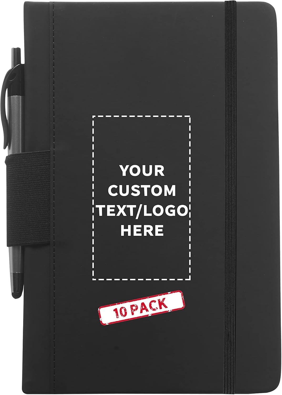 DISCOUNT PROMOS 10 Executive Notebooks with Pen Pack - Customizable Text, Logo - 6 x 8.5 inches, Recycled, Pen Loop, Closure Strap - Black