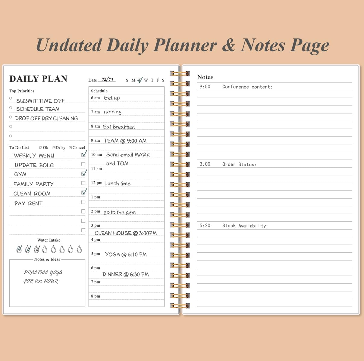 Daily Planner Undated - A5 To Do List Notebook Hourly Schedules, Spiral Appointment Planner for Women and Men, PVC Hardcover, Inner Pocket, Elastic Closure, 5.8" x 8.3", Rose Leaf