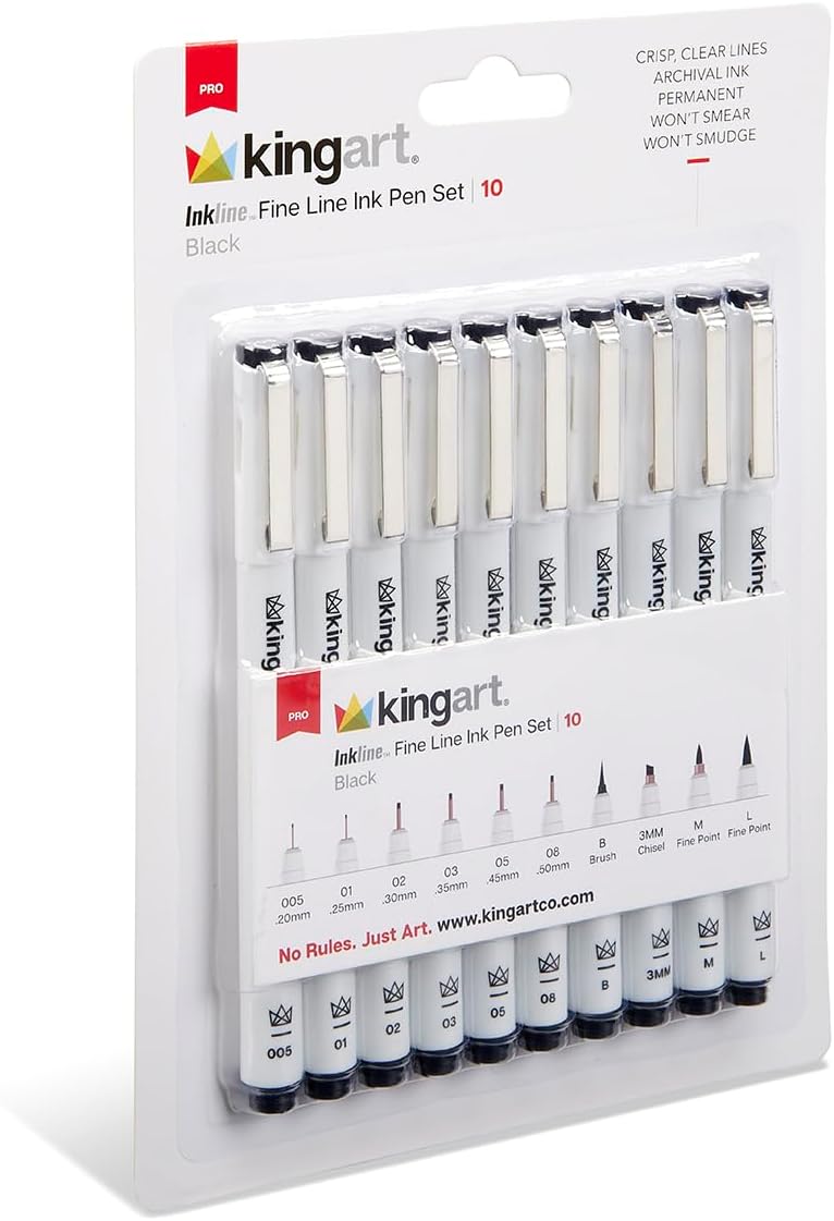 KINGART 430-10 PRO Inkline Black Micro Line & Precision Graphic Pens, 10 Assorted Nibs, BLACK Archival Waterproof Japanese Ink for Art, Illustration, Calligraphy, Sketching, Anime, Technical Drawing, Manga
