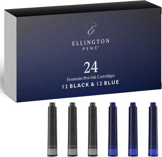Blue & Black Fountain Pen Ink Refills 24 Pack - International Standard Size Cartridges - Ink For Fountain Pen - Premium Quality & Non-Toxic, Long-Lasting & Waterproof Ink, Dries Quickly