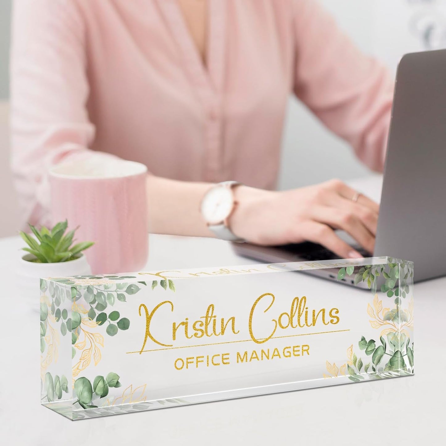 Custom Name Plate for Desk, Acrylic Office Decor For Women Men, Personalized Office Desk Accessories, Teacher Employee Appreciation Gifts For Social Worker Boss Coworkers (Green Leaves)