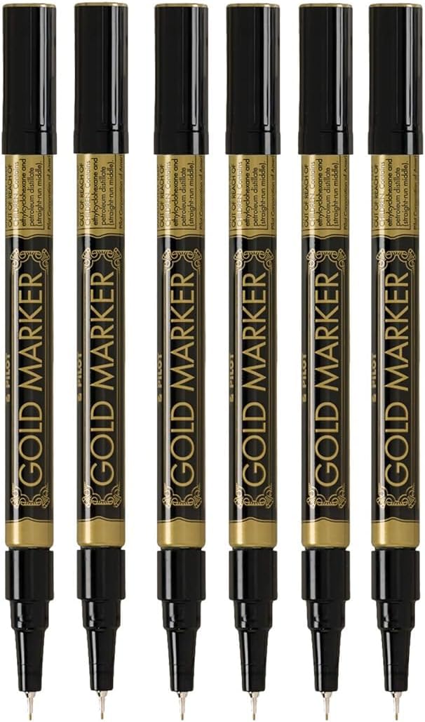 Metallic Permanent Paint Markers, Gold, Extra Fine Point (0.5mm), 6 Count, Bundle with Plastic Reusable Pouch