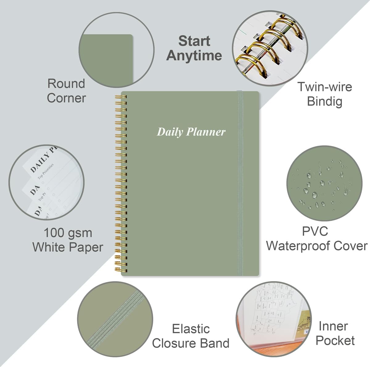 Daily Planner Undated - B5 To Do List Notebook Hourly Schedules, Spiral Appointment Planner for Women and Men, PVC Hardcover, Inner Pocket, Elastic Closure, 7" x 10", Green