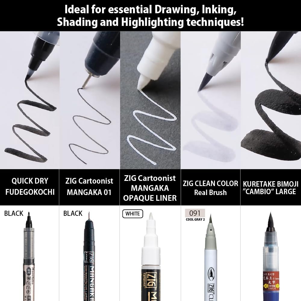 Kuretake Zig Inktober pen set, for Illustration, Manga Drawing, Lettering and Calligraphy, Professional Artist, Made in Japan (Special No.2(5pcs.))