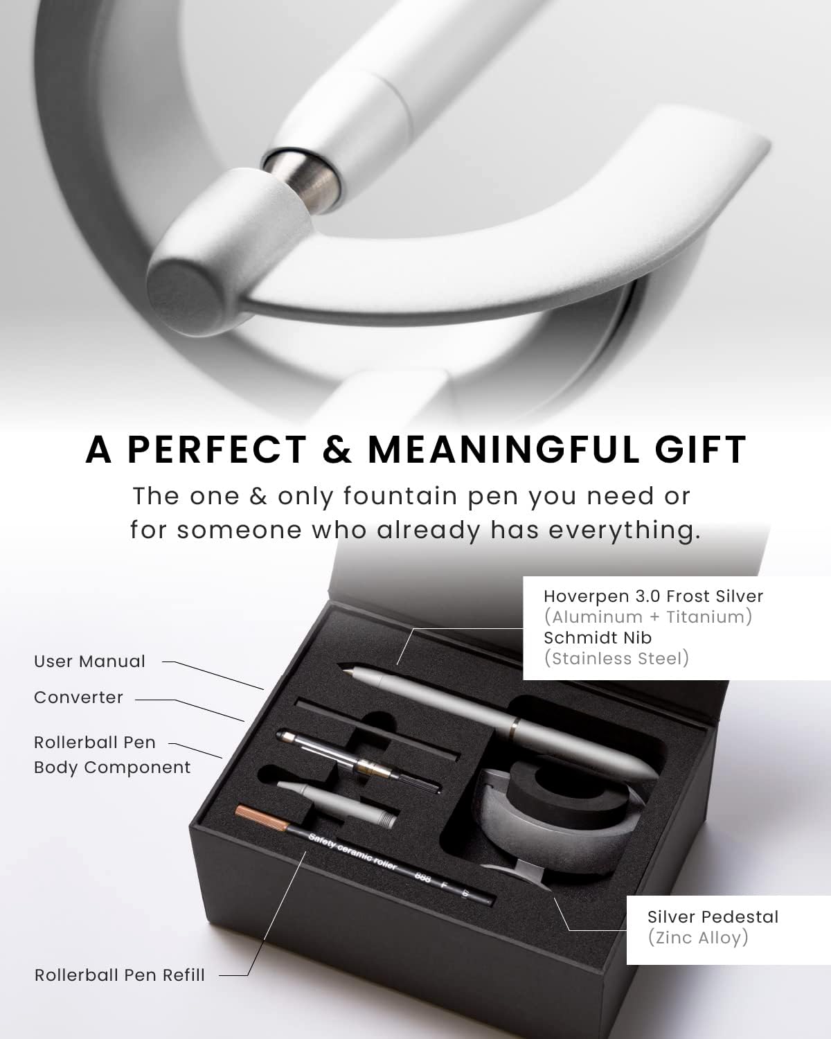 novium Hoverpen Future Edition - Luxury Fountain Pen & Rollerball Pen All-In Gift Box, Fine Nib, Futuristic Aesthetic, Aerospace Metal Made, Free Spinning Executive Pen, Mens Gift Ideas (Frost Silver)