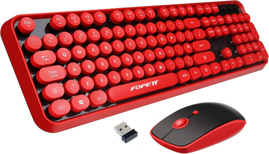 FOPETT Wireless Keyboard and Mouse Combo, 104 Keys Full-Sized 2.4 GHz Round Keycap Colorful Keyboards, USB Receiver Plug and Play, for Windows, Mac, PC, Laptop, Desktop (Black Red)