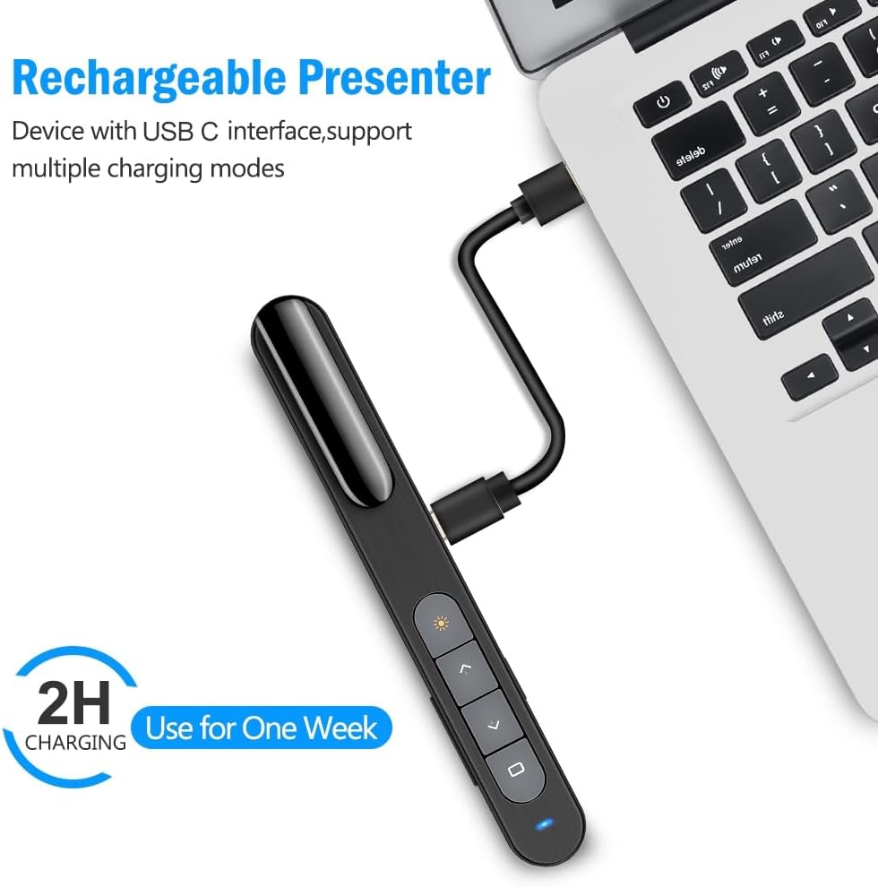 DinoFire USB C Rechargeable Presentation Remote with Red Light,Wireless Preseter PPT Slide Clicker Advancer for MacBook Laptop Computer
