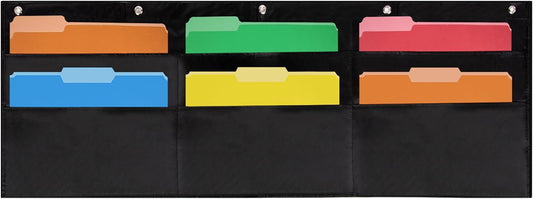 Essex Wares - 6 Pocket Horizontal File Hanging Paper Organizer for Letter Documents, Black, 42" Wide x 15.5" - Hanging Pocket File Organizer - Black Pocket Chart for Classroom & Office - 6 Pockets