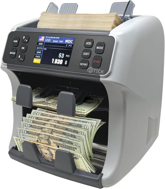 DETECK DT800 Bank Grade Mixed Denomination Money Counter with Reject Pocket, Multi Currency, Bill Counter 2CIS/UV/IR/MG/MT Counterfeit Detection, Cash Counter Serial Number, Printer Enabled