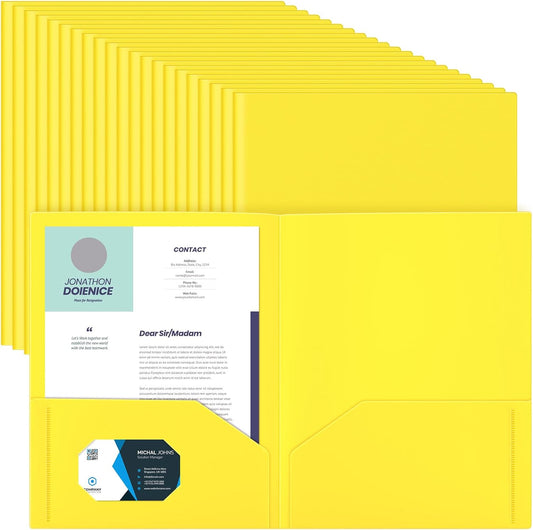 Gueevin 24 Pcs Plastic Folders with Pockets, Back to School Two Pocket Folder Fit Letter Size, Heavy Duty School Business Card Holder for Home Office, 11. 61 x 9. 45 Inches (Yellow)