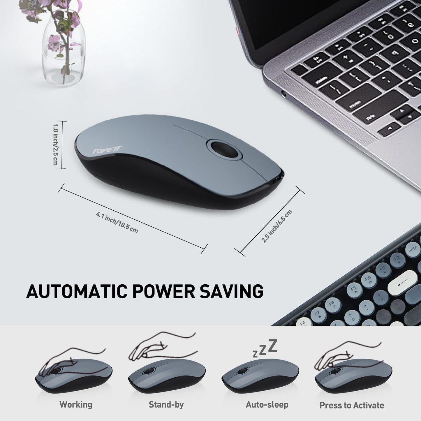 FOPETT 2.4GHz Wireless Keyboard and Mouse Set with Switch Button - Full-Size Keyboard - Compatible for Windows/Laptop/PC/Notebook/Smart TV and More - Grey Colorful
