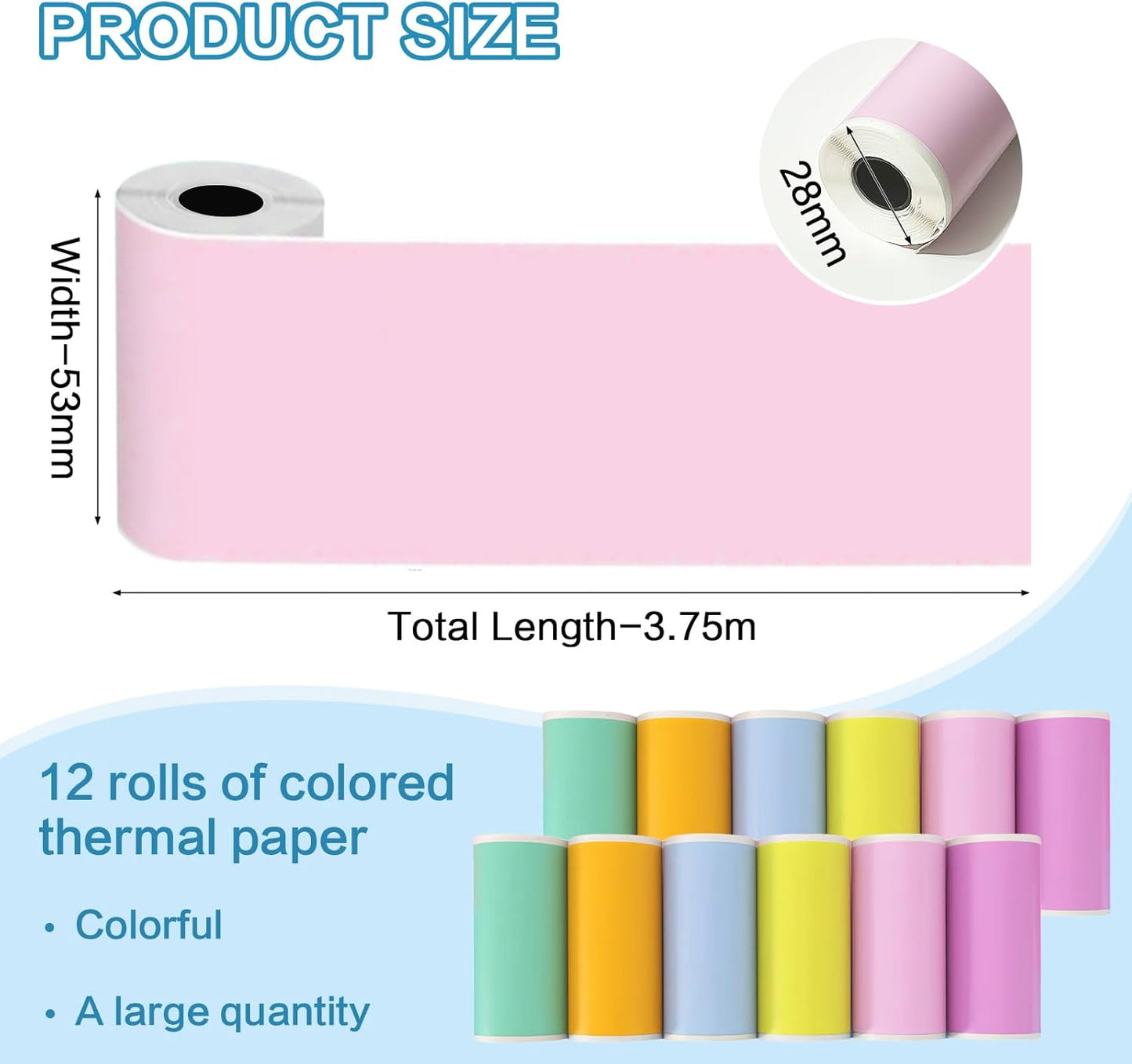 12 Rolls 53mmx3.75m Thermal Printer Paper, Mini Colorful Self-adhesive Label Printer Paper for Memoking Mini Printer, Small Printer T02/M02, Study Notes, Journal Photos (Multicolor)