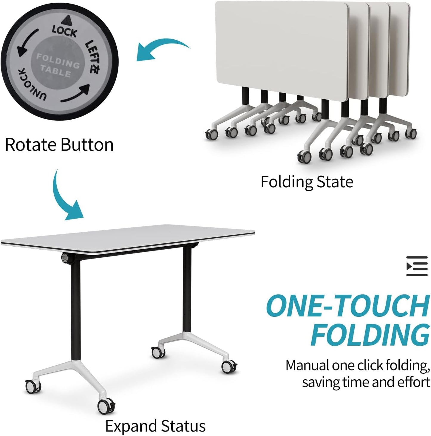 Folding Conference Table, Modern Conference Room Tables with Flip-Top Design, Foldable Conference Table Meeting Table with Wheels, Mobile Seminar Training Tables for Office Classroom (2, White 2)