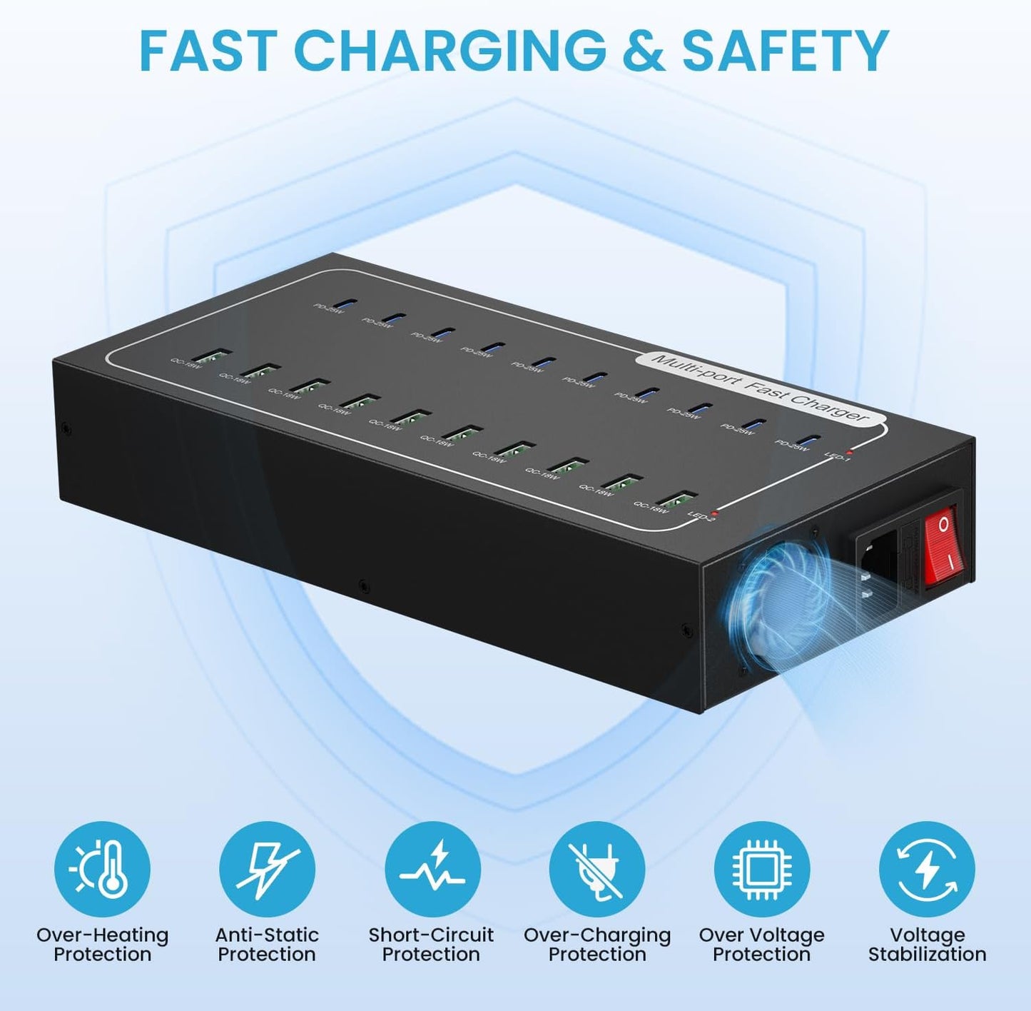 Fast USB Charging Station, 430W 20 Port (10 PD+10 QC) USB C Fast Charging Station for Multiple Devices, Power Charger Block with Intelligent Protection for iPhone iPad Cell Phone Tablet