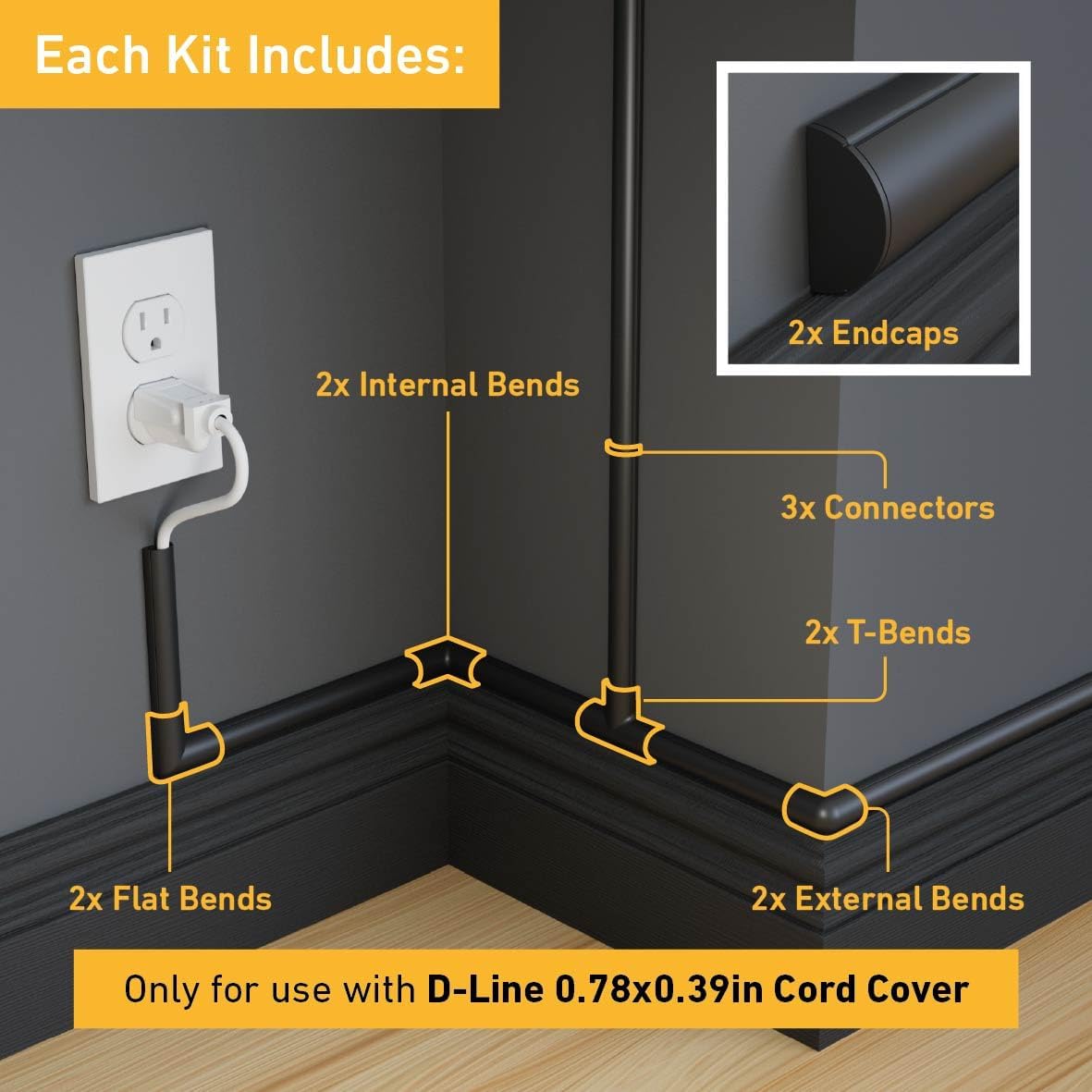 D-Line Small Cable Raceway Accessory Pack, Join 0.78in x 0.39in Cord Cover Lengths, 13 Accessories Included, Hide Cords Around a Variety of Angles - Black