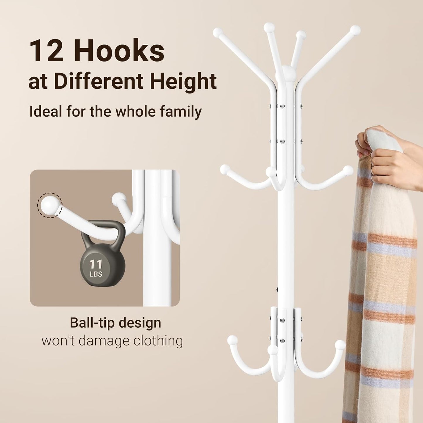 ELYKEN Coat Rack Freestanding with Umbrella Holder, Coat Tree with 12 Hooks, Coat Hanger Stand for Entryway, Metal Coat Rack Hat Rack Stand for Living Room Bedroom Office, White