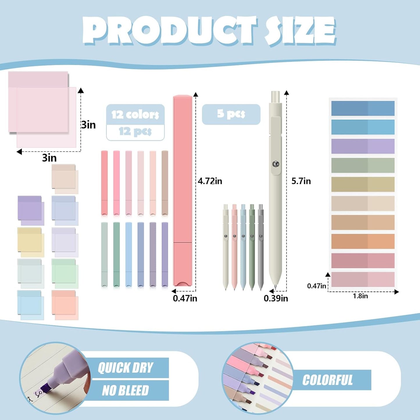 Jutom 39 Pcs Aesthetic Book Annotation Kit Highlighter with Pencil Case Bag Gel Pen Transparent Sticky Note Taking Bible Study College School Supplies(Light Blue,Cute Style)