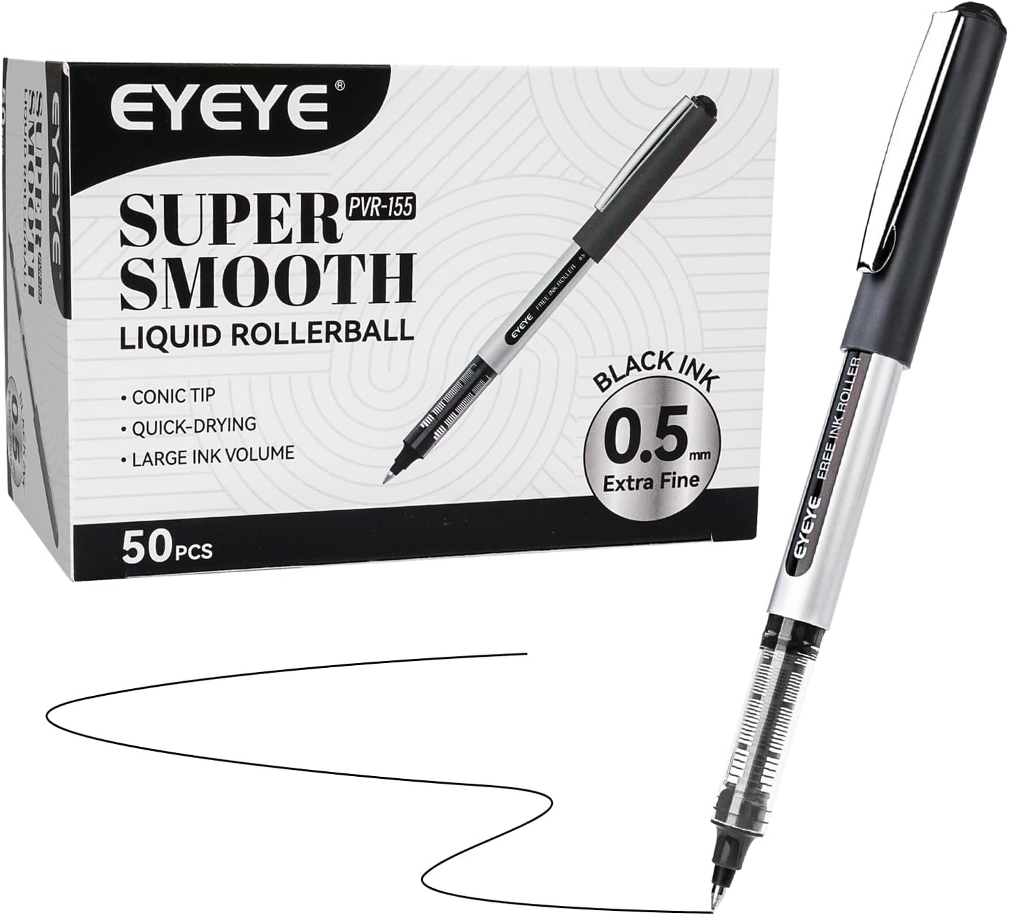 EYEYE Rollerball Pens 0.5mm Black 50 Pack, Extra Fine Point Quick Dry Liquid Ink Roller Ball Pens Fine Point Smooth Writing Pen for Journaling, Note Taking, Office, School Supplies