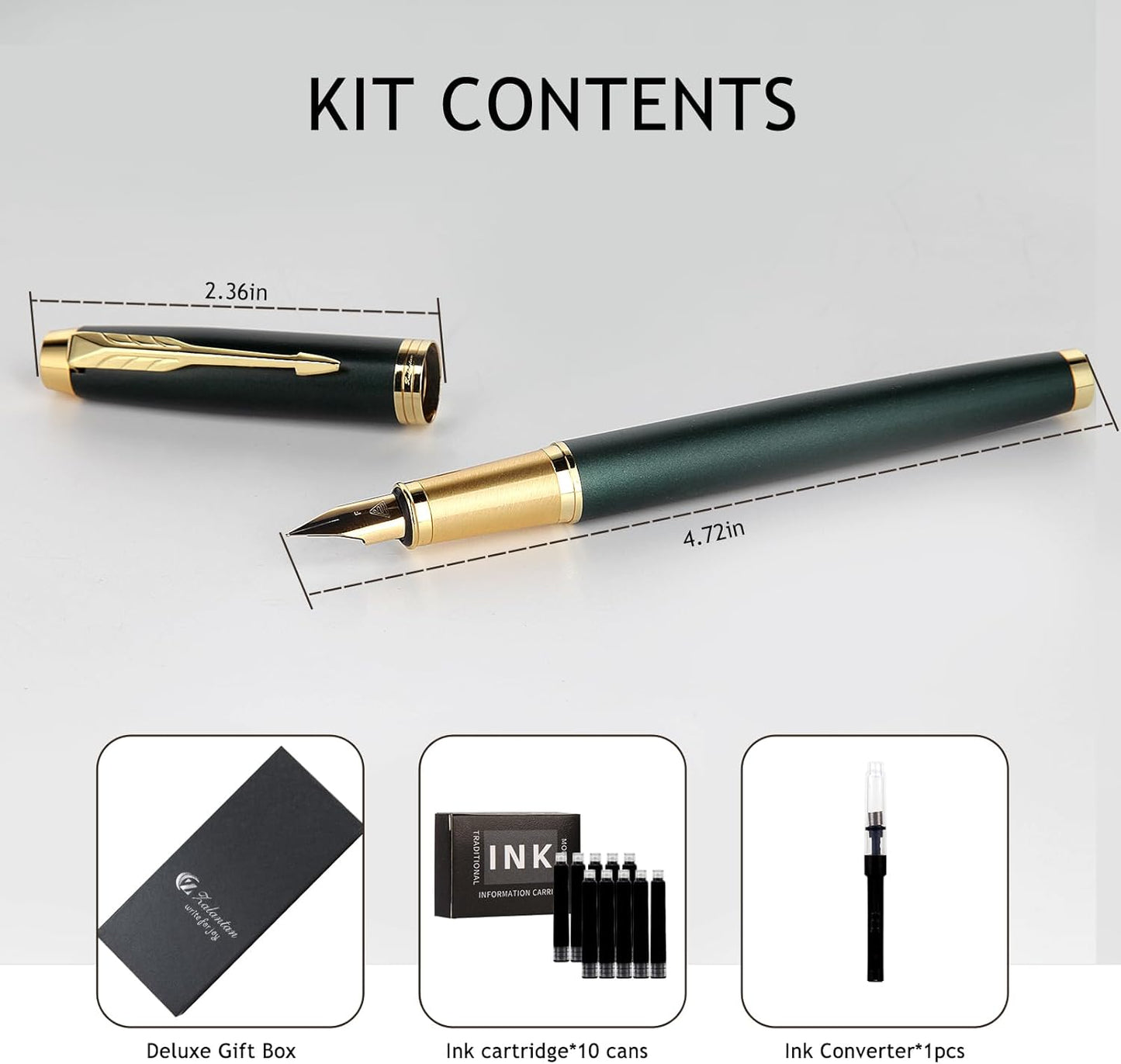 Fountain Pen, luxury Fine point smooth writing pen for journaling fancy pens with Gift Case 8 black ink cartridges an EF nib an ink converte nice pen writer gifts-Matte Green