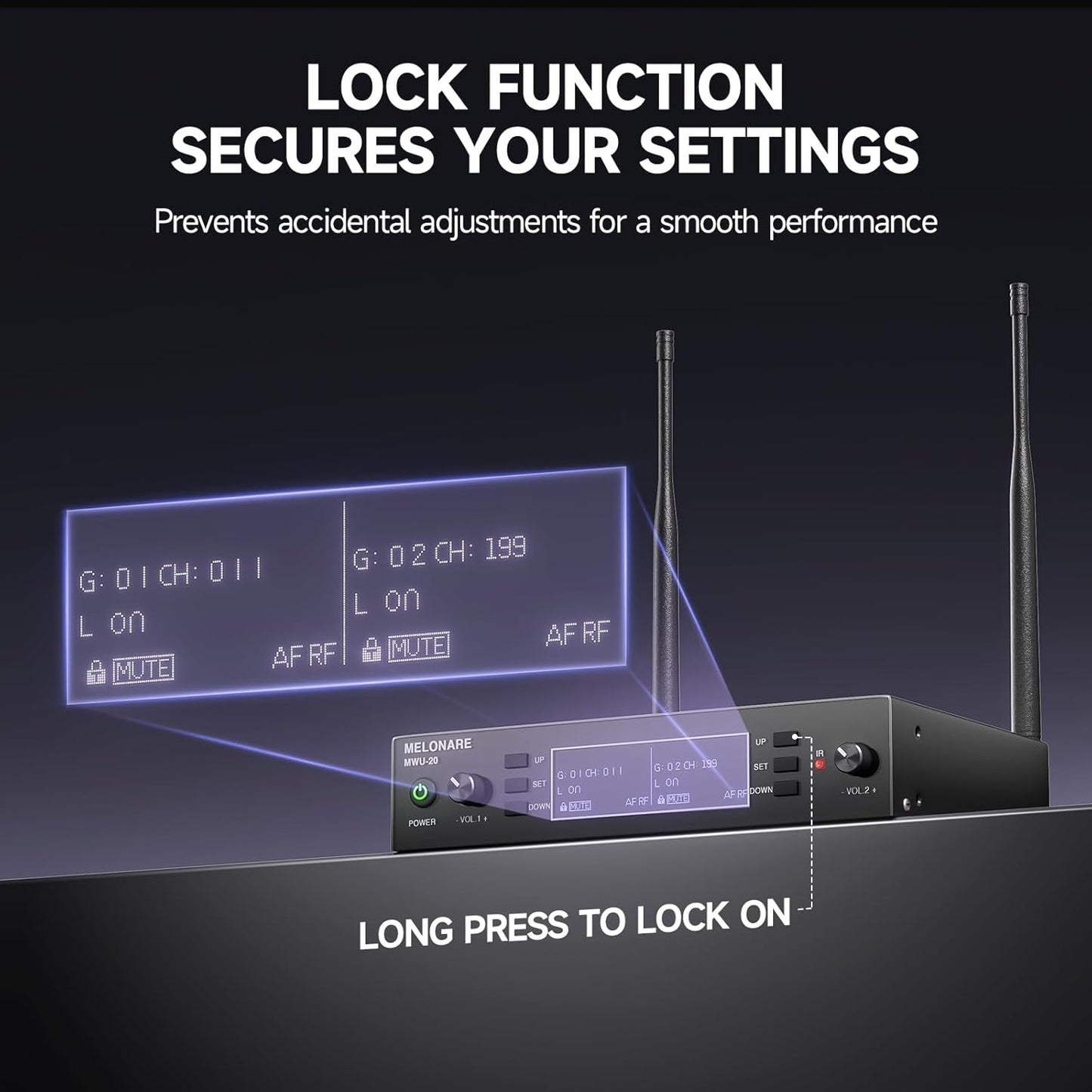 Dual Channel Wireless Microphone System, MELONARE Auto-Scan Professional Cordless Dynamic Mic Set, 260ft Range, 2x100 UHF Metal Wireless Mic for Singing, Karaoke, Church, Wedding, DJ (MWU-20-2H)