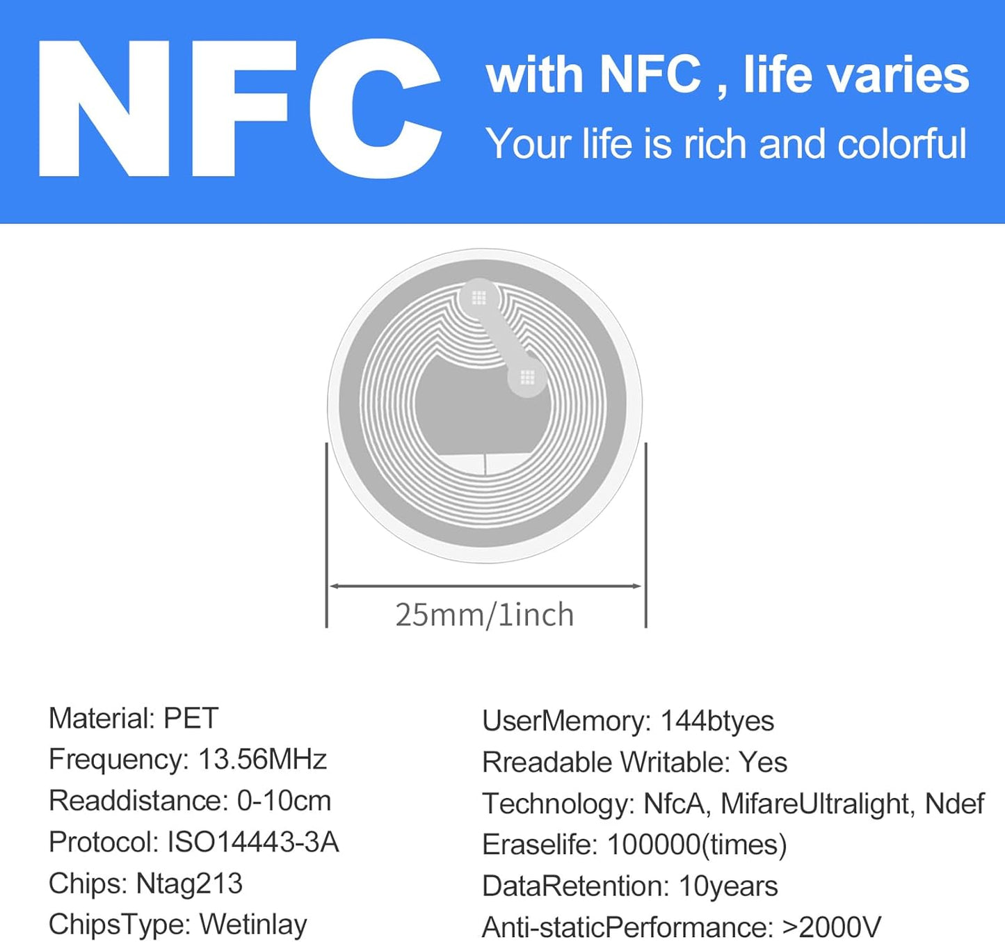 100 PCS Round NFC Tags Stickers - NTAG213 Chip, Blank, Adhesive Labels, RFID Tags, Rewritable, 137 Bytes Memory, Compatible with All NFC-Enabled Smartphones and Devices