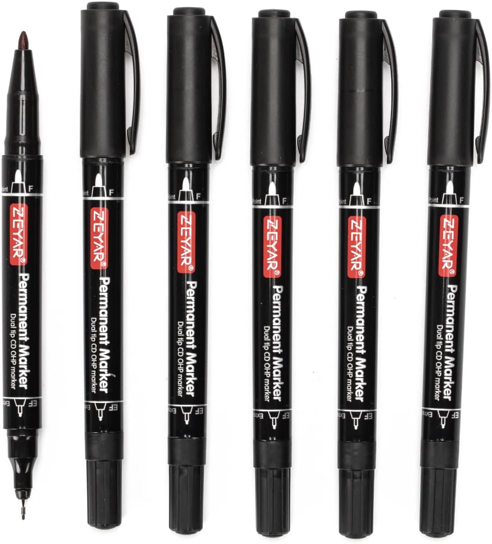 ZEYAR Twin Tip Permanent Markers, CD/DVD Markers, 6 Black Color, Ultra Fine Point and Fine Point for Signature and Marking (6 Black Color)