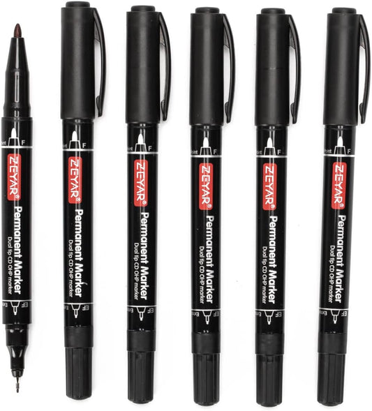 ZEYAR Twin Tip Permanent Markers, CD/DVD Markers, 6 Black Color, Ultra Fine Point and Fine Point for Signature and Marking (6 Black Color)