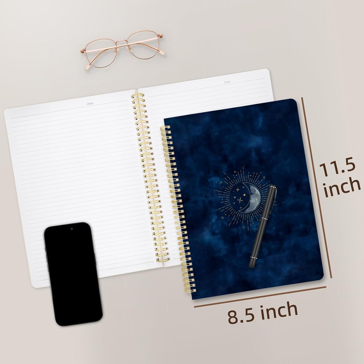 Cute Spiral Notebook journal A4 Aesthetic Pretty Design for Women Girls Kawaii with Pocket, 8.5 x 11 inch, Lined, Blue Moon