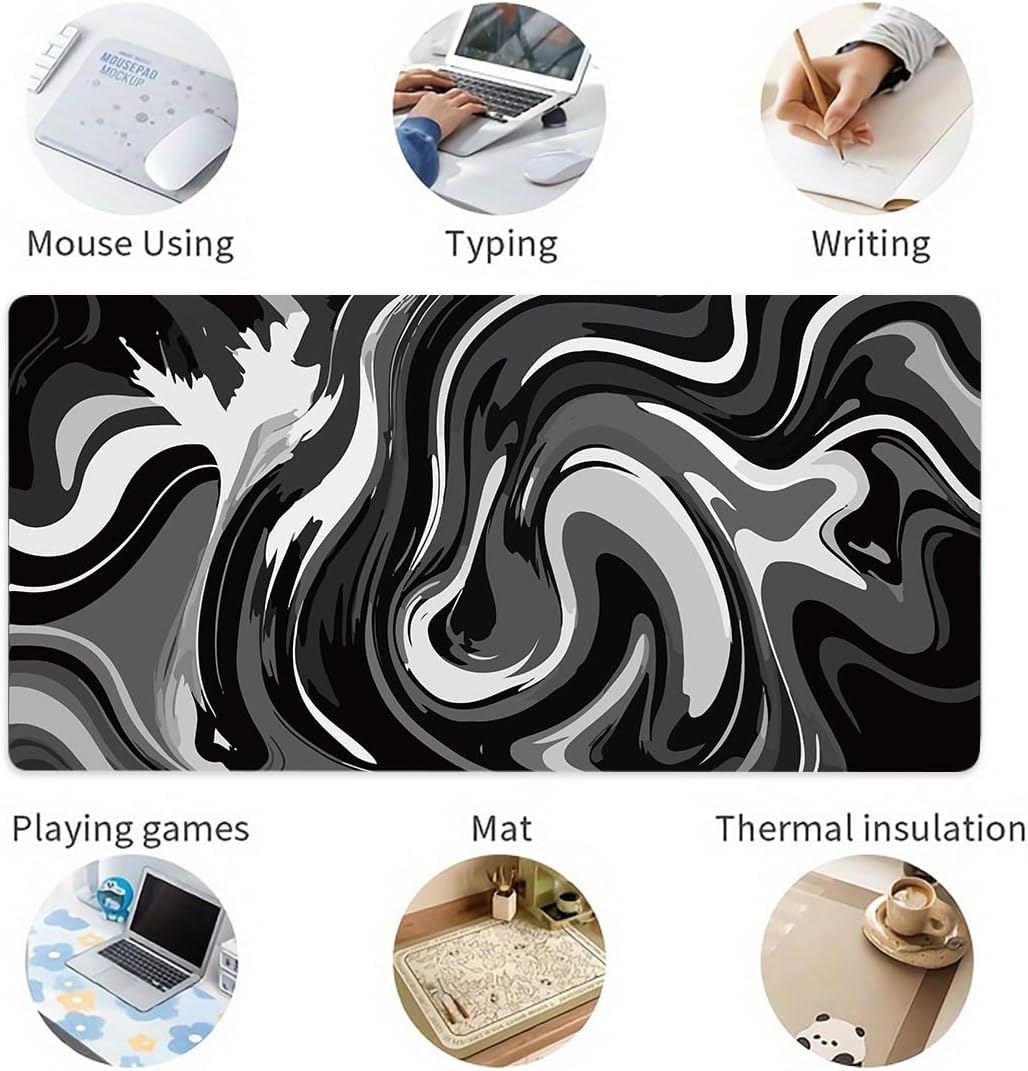 Large Gaming Mouse Pad - Black and White Mouse Pad with Stitched Edges, Extended XL Mousepad with Anti-Slip Rubber Base, Ink Liquid Wave Desk Mat for Keyboard and Mouse(31.5x15.8 inch)