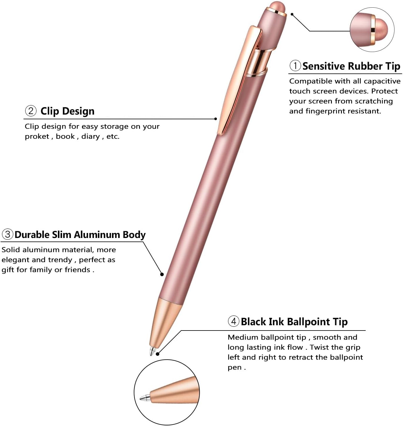 Aozora 15 Pack Ballpoint Pens Smooth Writing 2-in-1 Stylus Retractable Ballpoint Pen with Stylus tip, Office Decor Metal Stylus Pen for Touch Screens, 1.0 mm Black Ink (Funny-Rose Gold)