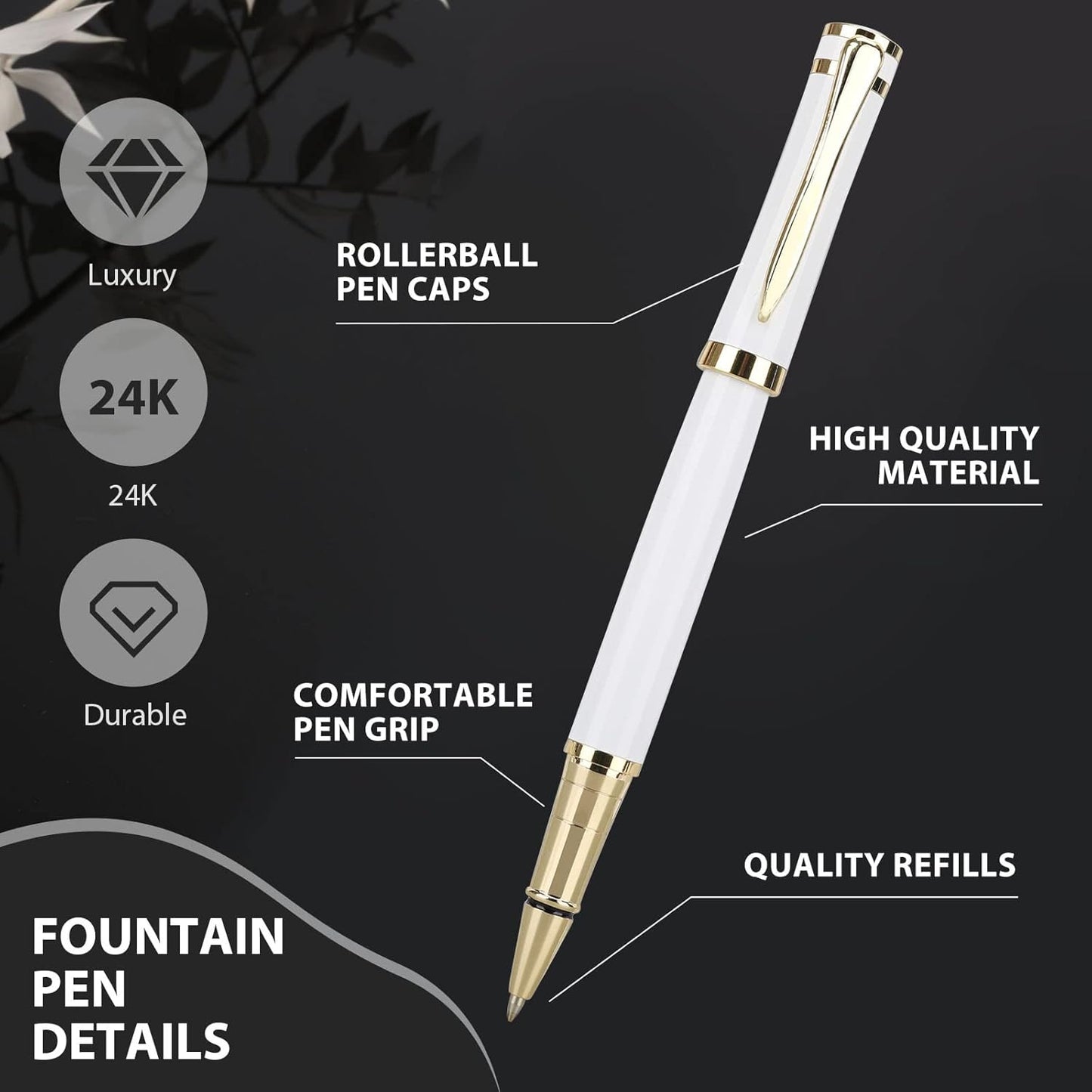Cheericome Luxury Ballpoint Pen - Professional & Executive, Perfect for Silky Smooth Writing, with Gift Box, Nice for Men & Women, 2 Extra 0.5mm Black Refills - White