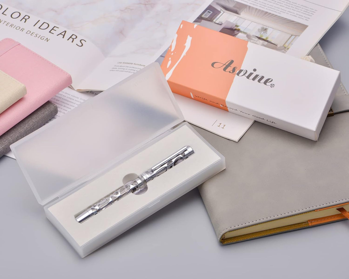 Asvine V169 Vacuum Filling Fountain Pen Extra Fine Nib, Water Drop Skeleton Transparent Clear Acrylic Pen Case Set