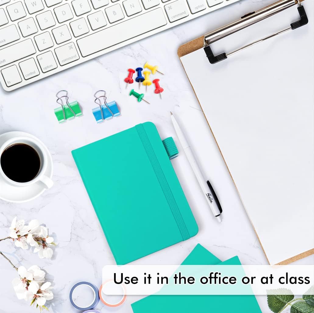 feela 6 Pack Pocket Small Notebooks Bulk, Mini Cute Memo Notepads Hardcover College Ruled Lined Journals with Pen Holder for Women Girls Office School, with 6 Black Pens, 3.5”x 5.5”, A6, Aqua