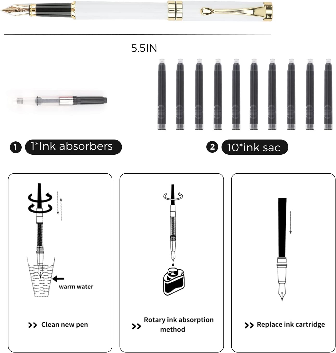 Tiankool Luxury Fountain Pen,Fine Nib, Exquisite Pen Gift Set for Men&Women-Includes 10 Ink Cartridges&Ink Converter- Nice Pens - White