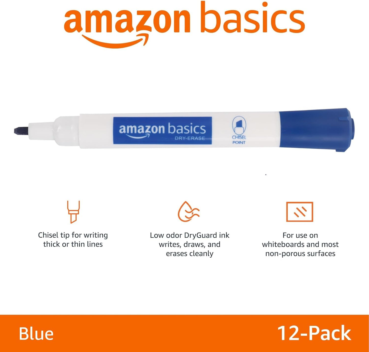 Amazon Basics Dry Erase Markers For Whiteboards, Chisel Tip, Low-Odor, Blue, Pack of 12