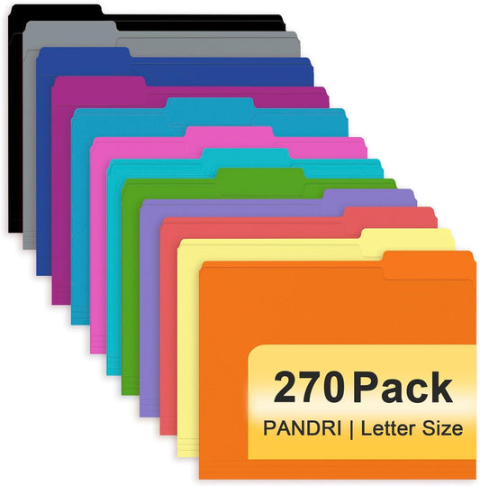 File Folder, PANDRI 270 Pack Colored File Folder, 1/3 Cut Tab, Letter Size, Assorted 12 Colors Filing Folder for Office School Business