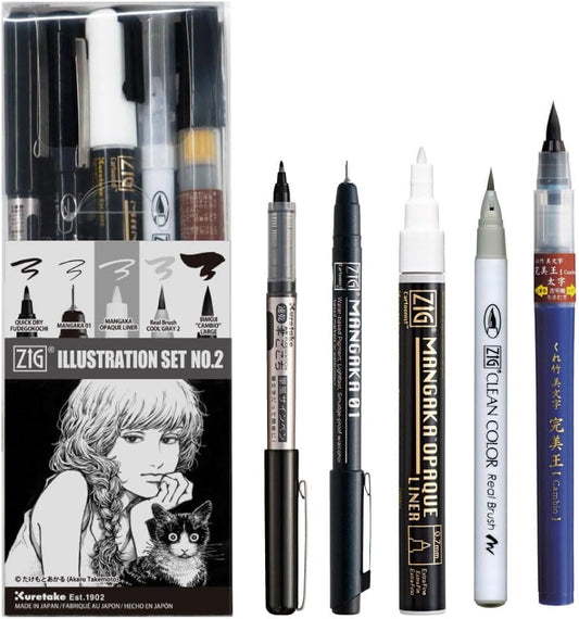 Kuretake Zig Inktober pen set, for Illustration, Manga Drawing, Lettering and Calligraphy, Professional Artist, Made in Japan (Special No.2(5pcs.))