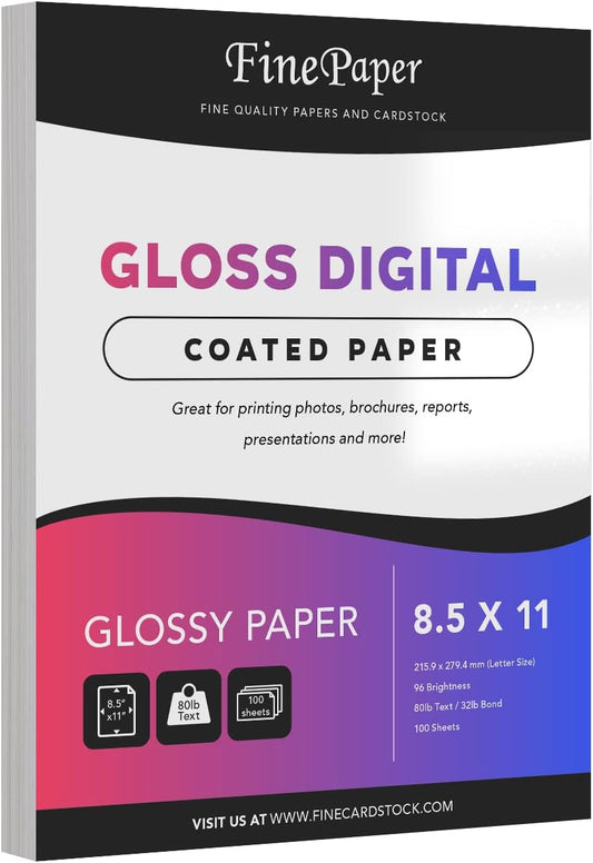 Double-Sided Gloss Digital C2S Paper – Perfect for Color Laser Printing, Design Proposals, Flyers, Brochures | 8.5 x 11 | 80lb Text (32lb Bond) | 96 Bright | Acid Free, Glossy Coated | 100 Sheets