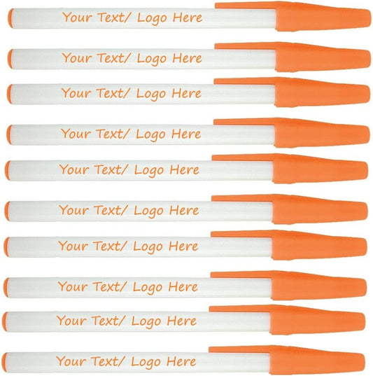 Personalized Stick Pens With your Custom Logo or Text-500 Pack Bulk-for Businesses, Parties, and Events, Custom Printed Slim Ballpoint Pens with Cap, Orange, Black Ink