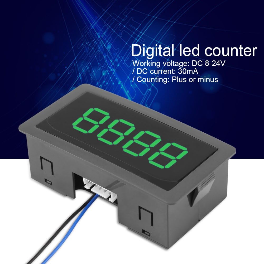 Digit Counter, DC 8-24V 4 Digit LED Digital Display 0-9999 Up/Down Plus/Minus Panel Counter Meter with Cable (Green)