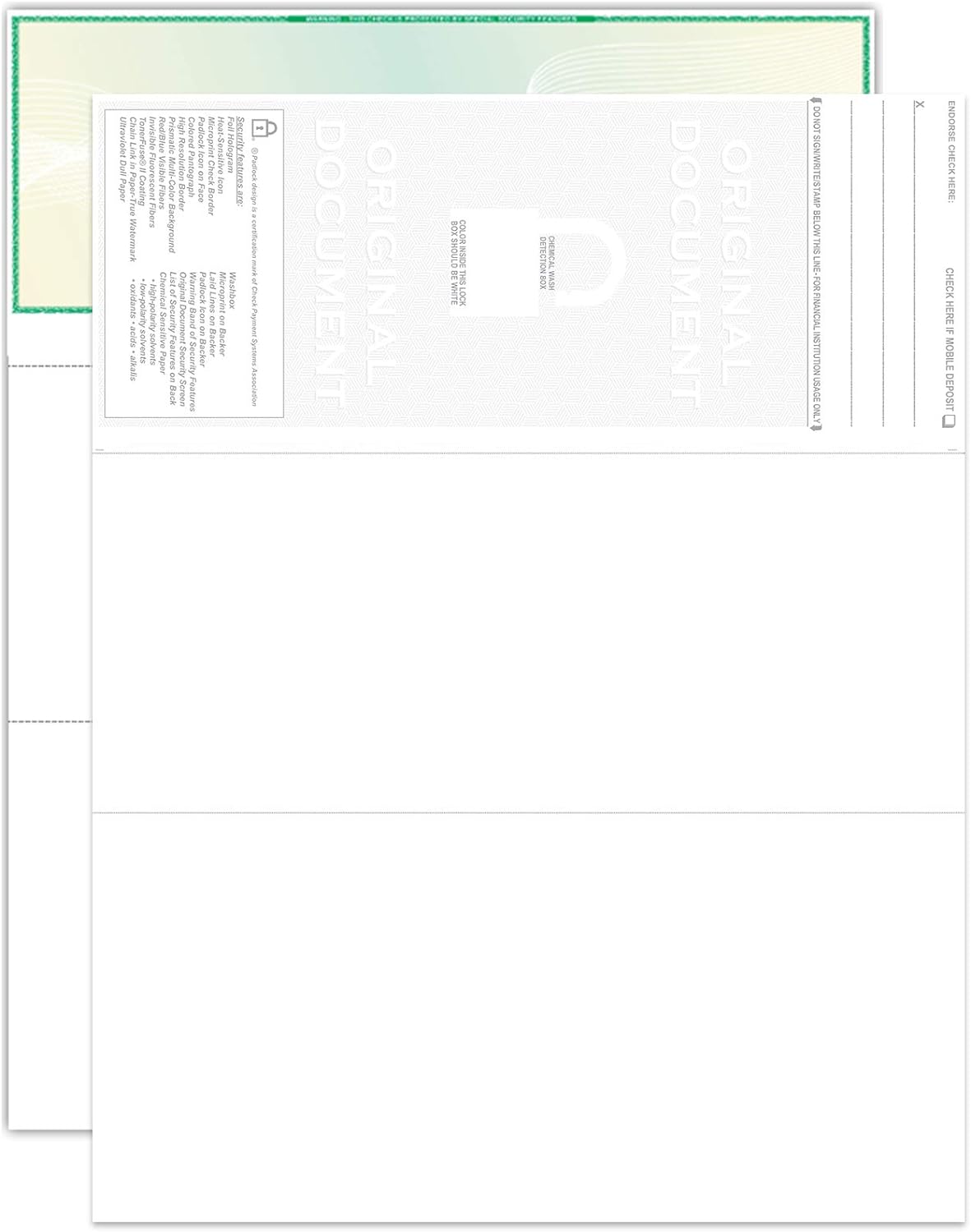 EZ Checks Premium High Security Check Paper with Hologram | 500 Sheets (Green/Yellow, Check at Top)