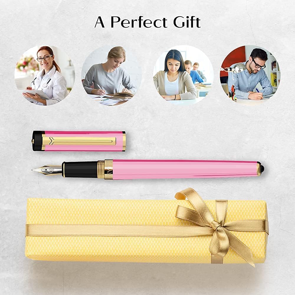 Dryden Designs Fountain Pen Medium Nib Gift Pouch - with 24 Ink Cartridges - MCM (Luscious Pink)