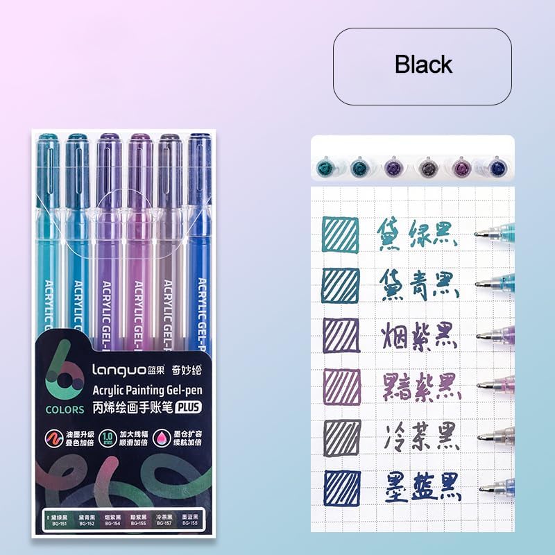 Acrylic Gel Pens for Coloring Books, Quick Dry 6 Pcs 1.0mm Fine Point Gel Marker Pen for Drawing, Journaling Art, School Supplies, Black