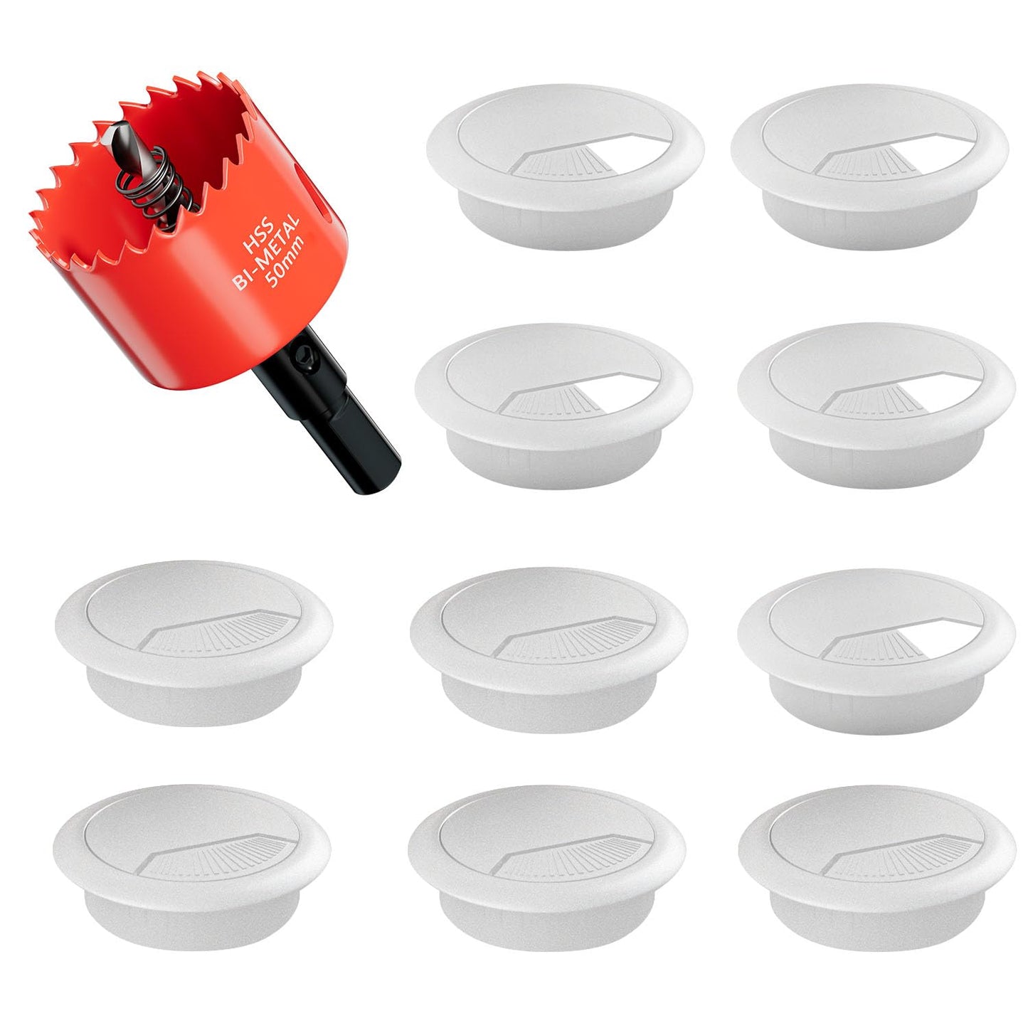 Desk Grommet 2 inch (50 mm) 10 Pack - White ABS Plastic Cable Hole Cover with Hole Cutter for TV, Office, and Home Table - Hide Wires Behind Wall, TV Wall Cable Pass Through