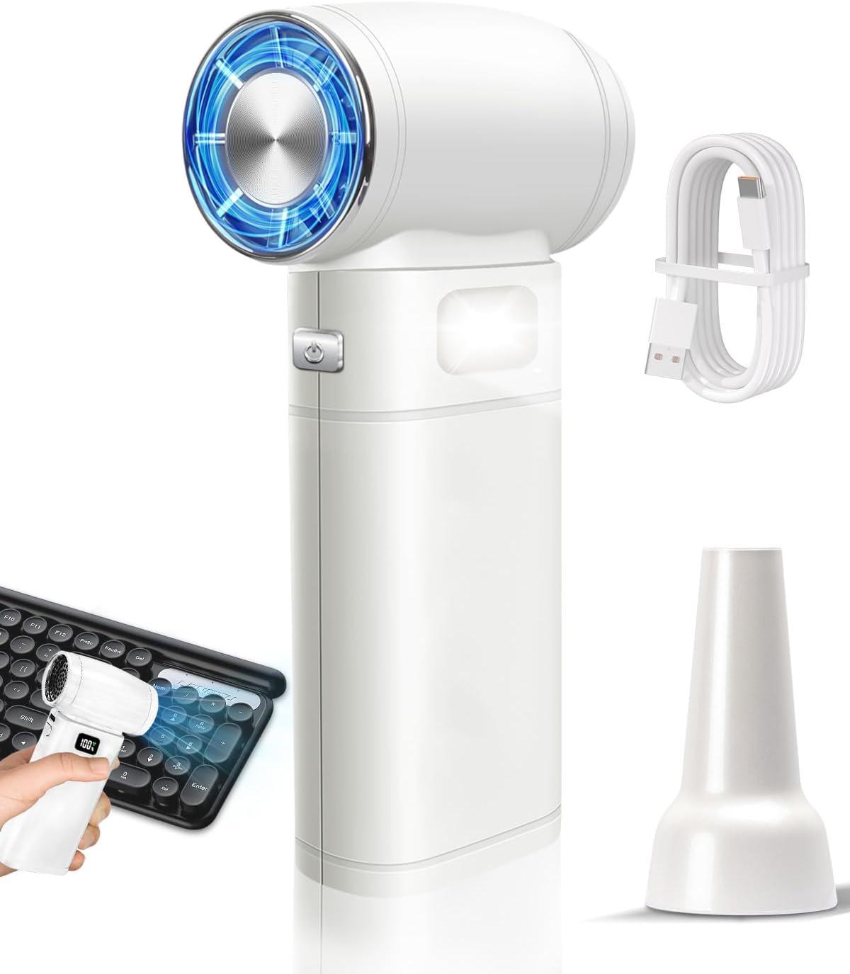 Handheld Mini Turbo Fan 120000RPM 6-Speed Turbo Power 9000mAh Portable High Speed Cooling Personal Fan with Digital Display LED Light for Travel Beach Camping (White)