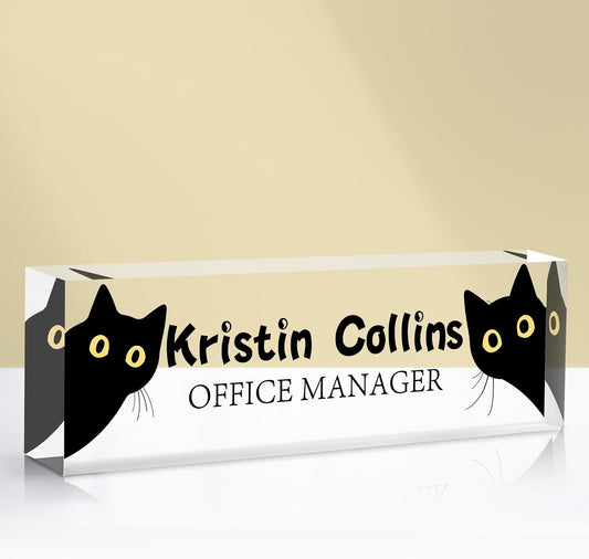 Custom Name Plate for Desk, Acrylic Office Decor For Women Men, Personalized Office Desk Accessories, Teacher Employee Appreciation Gifts For Social Worker Boss Coworkers (Cat)
