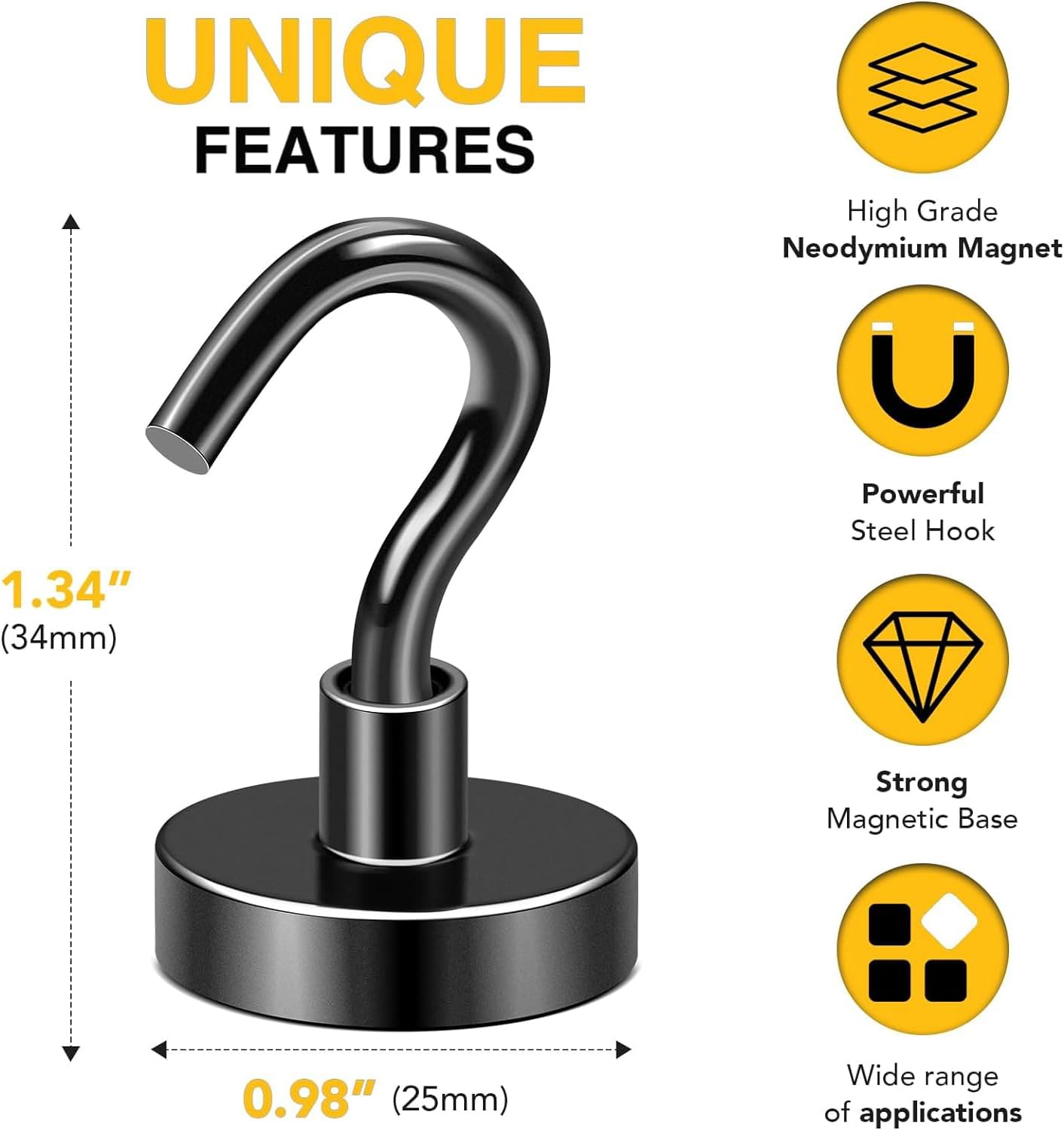DIYMAG Black Magnetic Hooks, 80 LB Heavy Duty Strong Magnets with Hook, Rare Earth Neodymium Magnet for Cabins Cruise Ship Essentials 8 Packs
