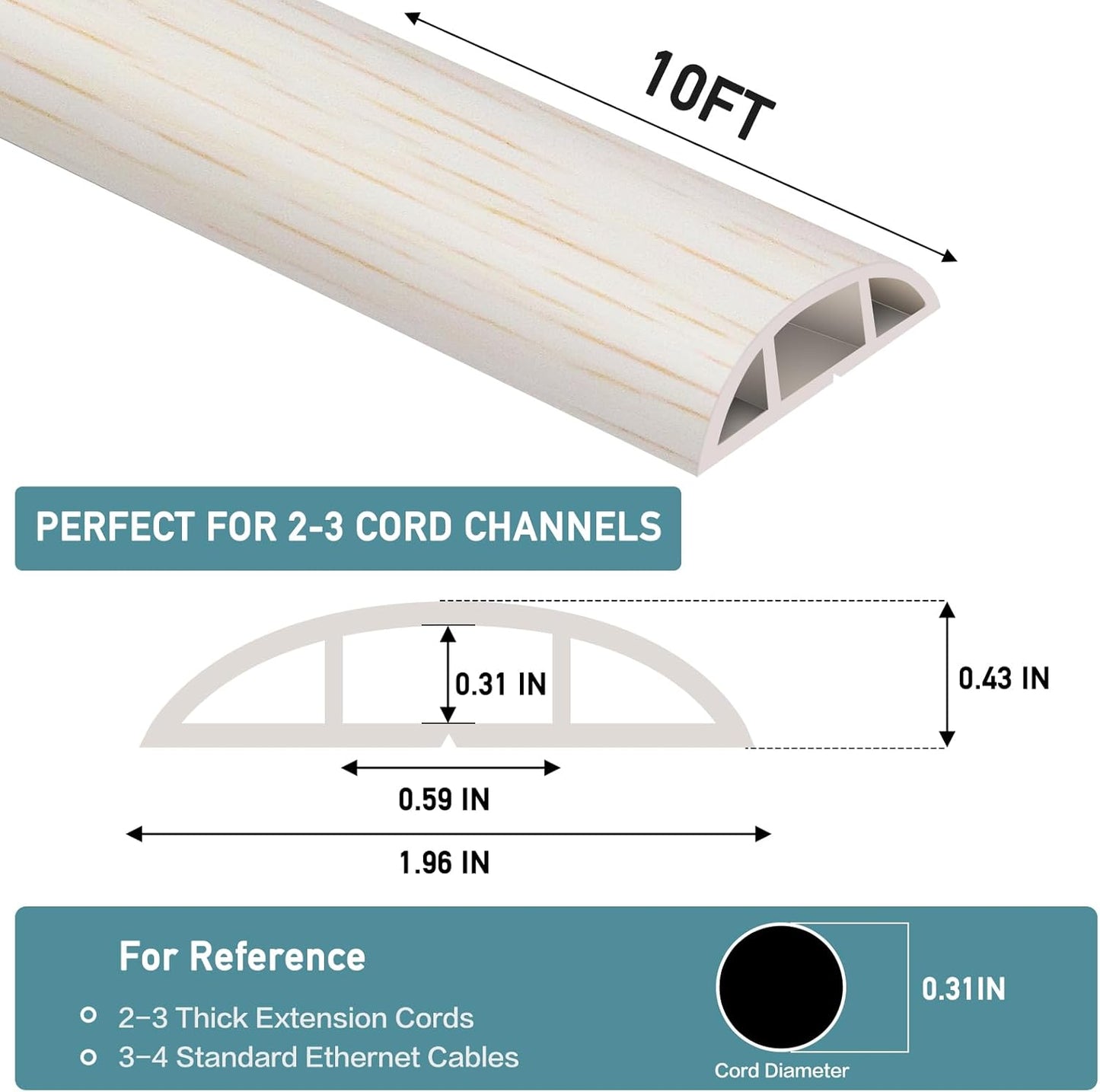 Floor Cord Cover Self Adhesive Cord Hider Floor Extension Cord Covers for Floor Power Cord Protector Cable Management Prevent Cable Trips Cable Cavity 0.59" W x 0.31" H (Beige Wood, 10Ft)